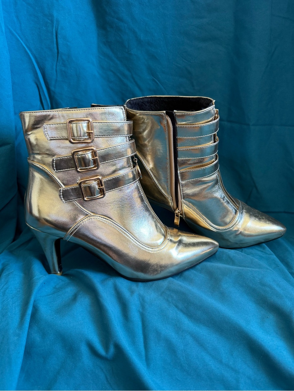 Gold Ankle Boots with Triple Buckle Detail